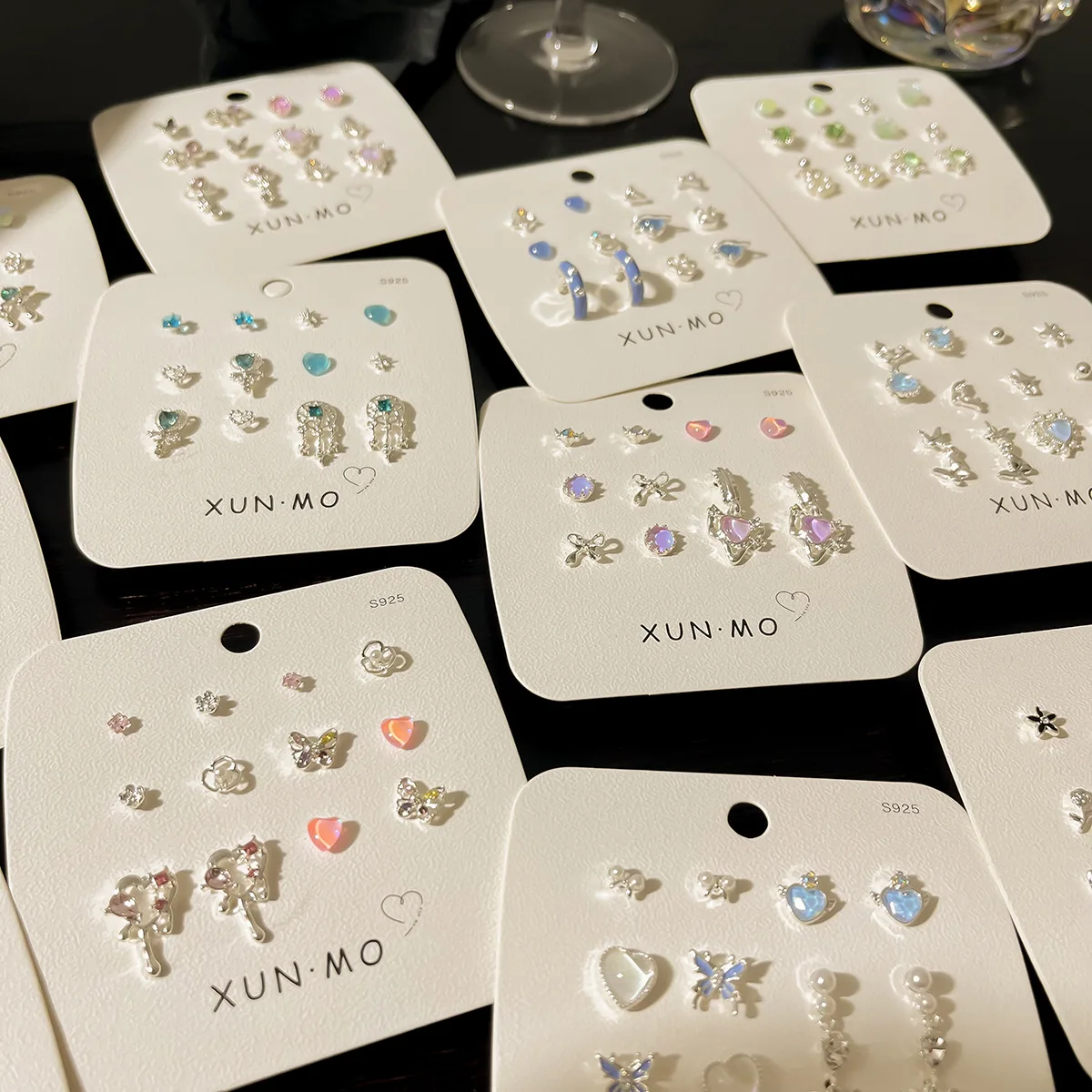KADRUFI Sweet Y2K Blue Aurora Rhinestone Heart Star Moon Stud Earrings Set Women Korean Fashion Butterfly Earring Jewelry Gift