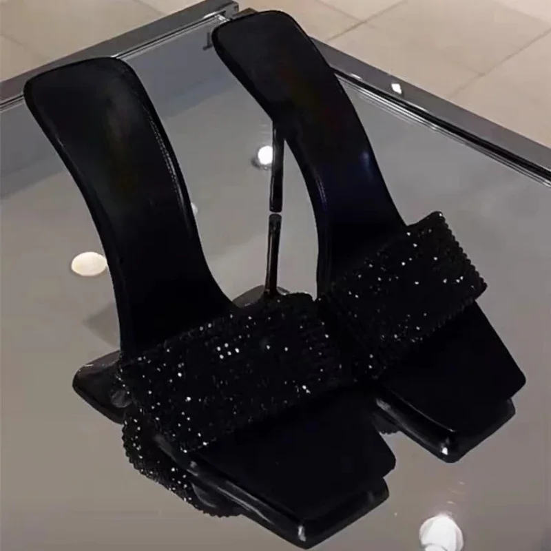 European and American Sexy Slippers Women's 2024 New Square Headed Water Diamond Slim Heel Sandals Women's High Heels