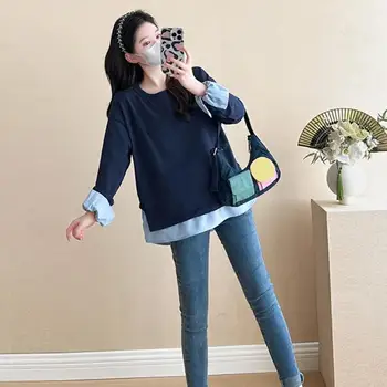 Stylish Maternity Sweatshirt False Two Layer Design Loose Fit Cotton Breathable Fabric Long Sleeve Shirt 4XBC