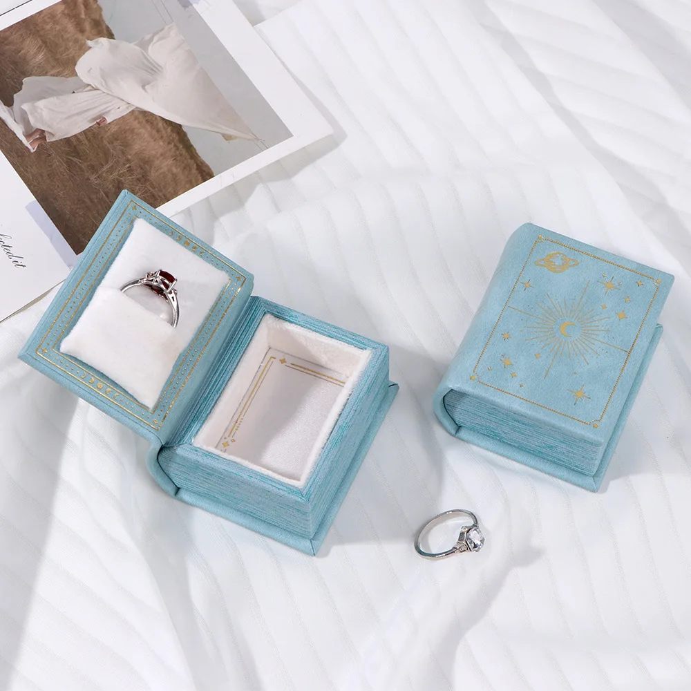 1pc Pu Leather Book-Shaped Ring Box With Suede Fabric Lining Creative European Flip Lid Magnetic Ins Ring Box Jewelry Gift Box 4