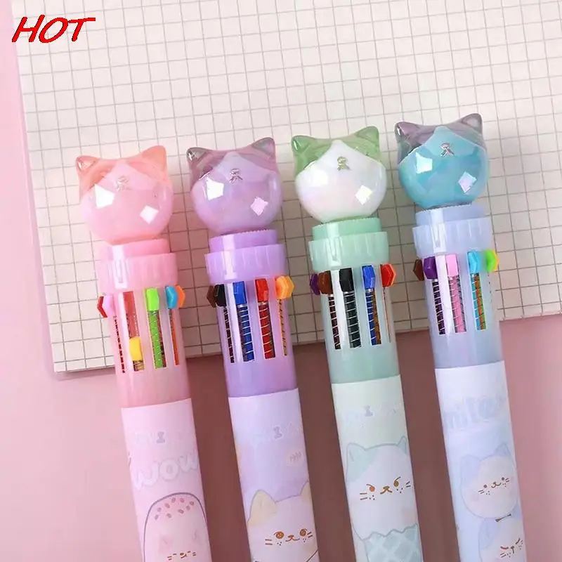 

1PC 10 Colors Kawaii Cat Ballpoint Pens Creative Cartoon Retractable Multicolor Ballpoint Pen Mark Pen School Office Stationery