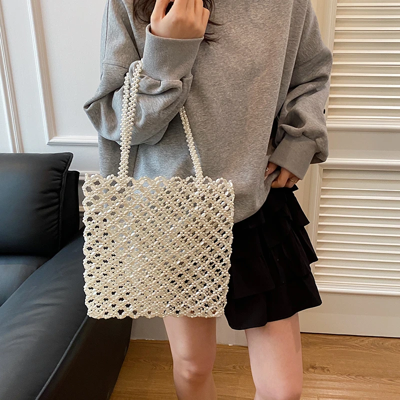 2025, neue Sommer-Urlaubstasche, Boho-Strand, aushöhlen, Umhängetasche für Frauen, handgefertigte Perlenhandtasche, silberne Metall-Tragetasche mit Griff oben – Detail 22