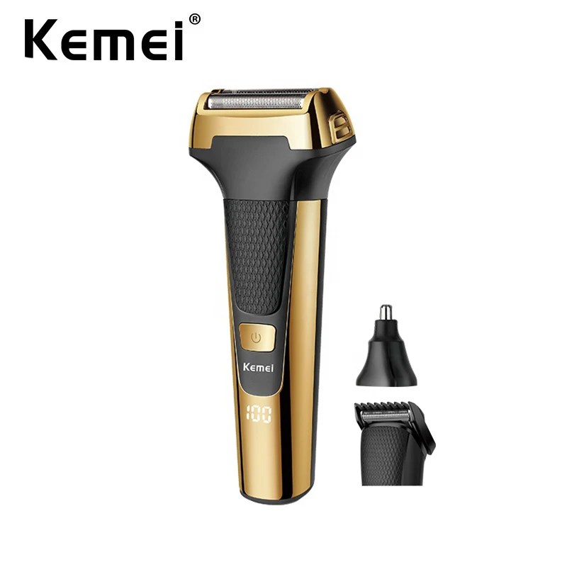 

Kemei Multifunctional Men Electric Foil Shaver Gold Reciprocating Razor Nose Ear Trimmer 3 In 1 USB Hair Cutting Machine Clipper