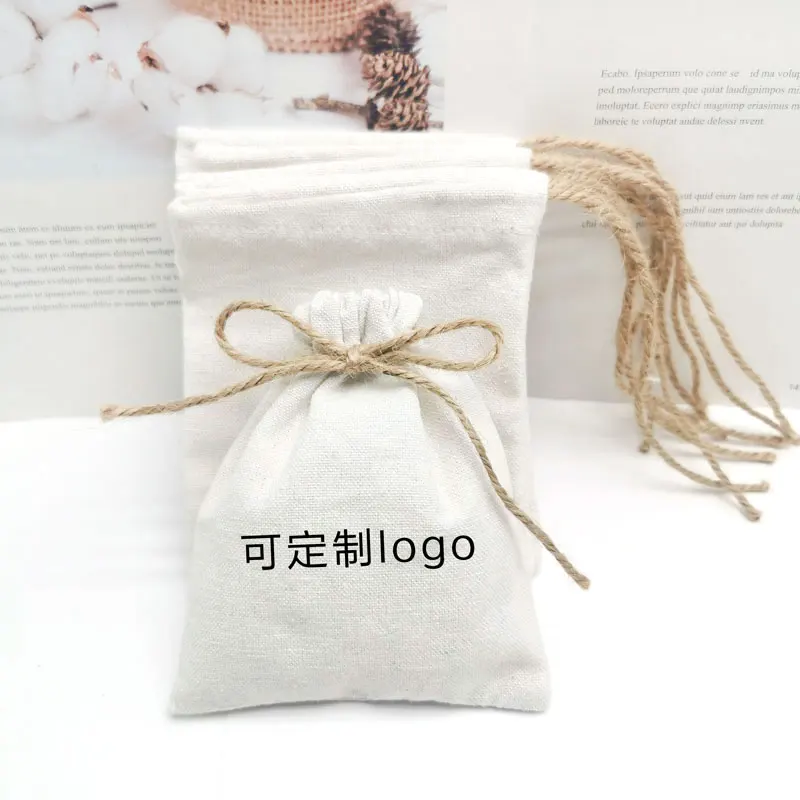 White Cotton Linen Drawstring Bags Ring Packing Wedding Christmas Gift Custom Logo Jewelry Sack Organizer Pouches Print Logo