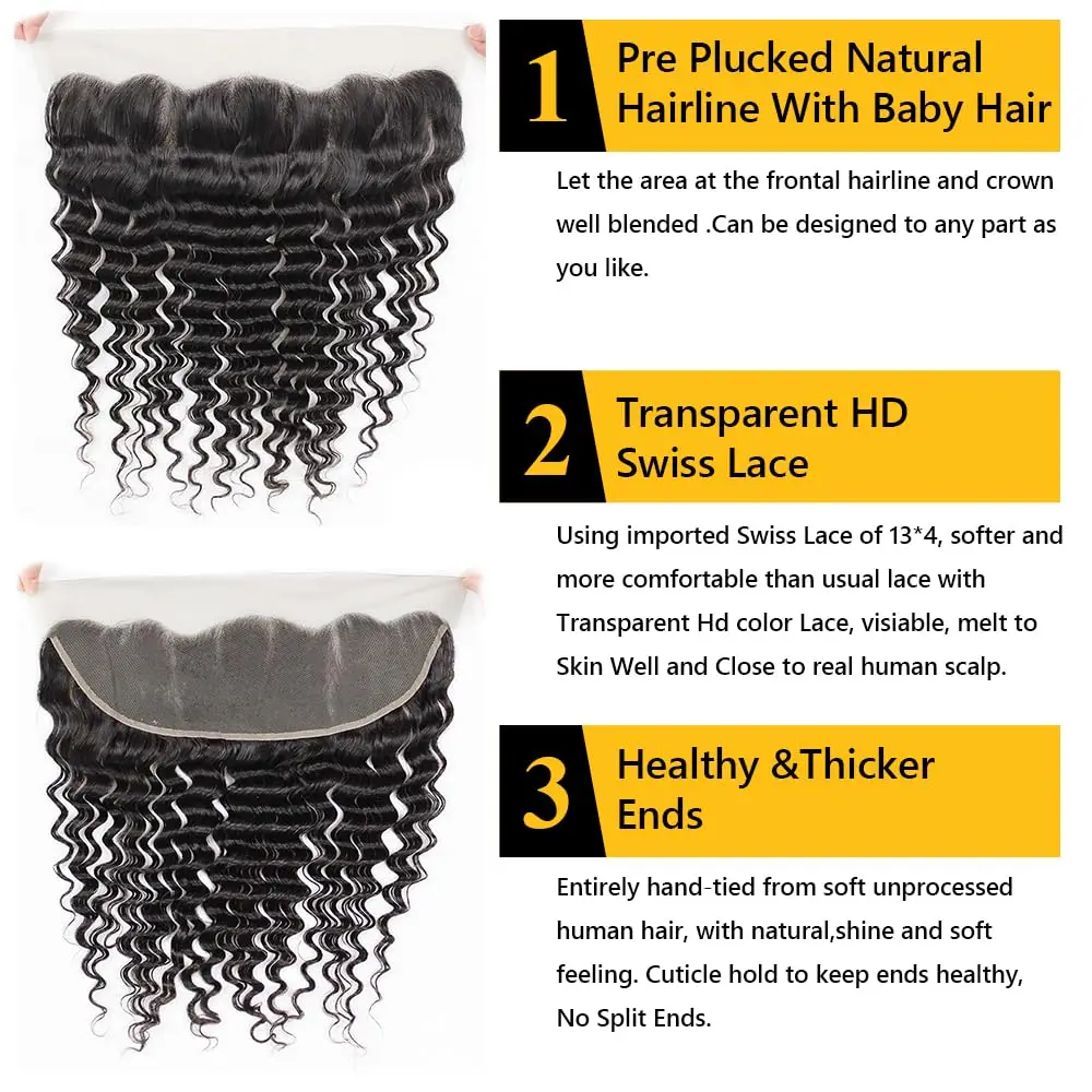 Lace Frontal Closure Deep Wave 13x4 Ear to Ear Frontal HD Lace Brazilian Curly Virgin Human Hair 150% Density Natural Black
