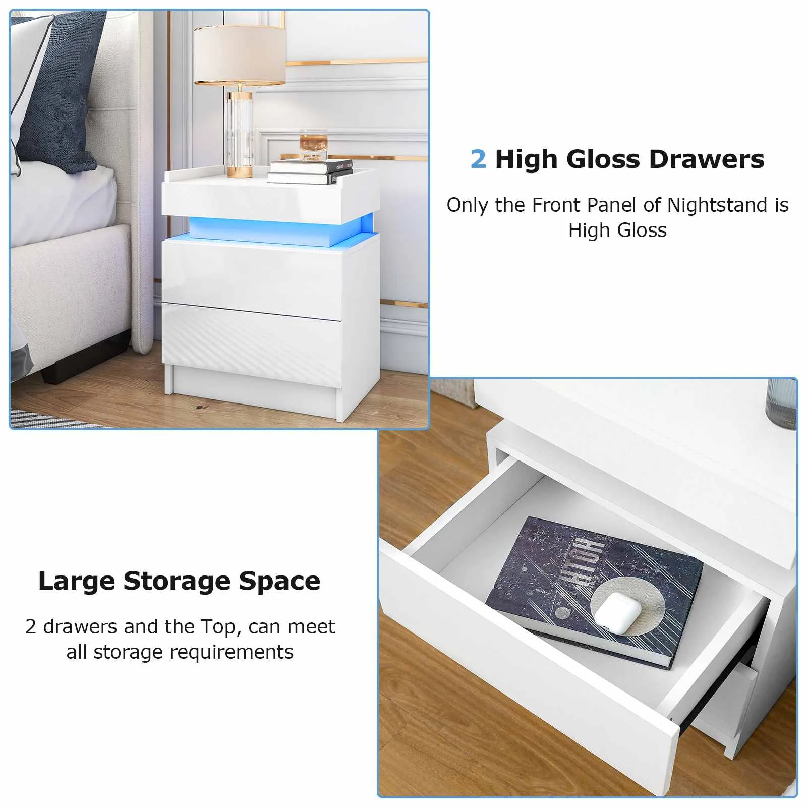 White LED Nightstand LED Bedside Table with High Gloss Drawers Modern Matte Led Night Stand with Border Table for Bedroom US 6