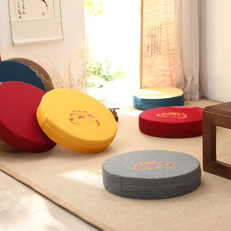 Premium Rundes Yoga-Bodenkissen mit Lotus-Stickerei Hochwertige Langlebige Leinen-Ausführung in Grau Fortgeschrittenes Meditations-Zafu Tatami-Sitzkissen – Detail 2
