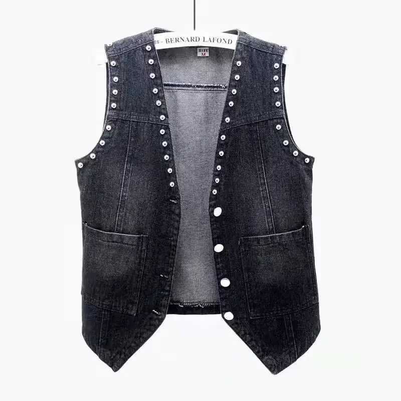 Women's Korean Style Lace Beaded Denim Vest Denim Waistcoat Fashion Cardigan Sleeveless Cropped Top Loose Plus Size Ripped Vest