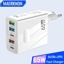 65W USB C Charger QC 3.0 5 Ports Type C PD Fast Charging Phone Adapter For iPhone Samsung Xiaomi Huawei Multi Ports Wall Charger