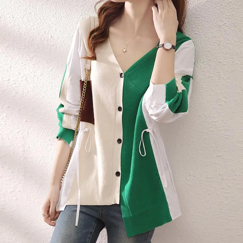 

Fashion Women's Patchwork Knitted Cardigan Spring Summer Button Shirt Loose Thin Top Cheap Wholesale Belt Slim Fit Designer New