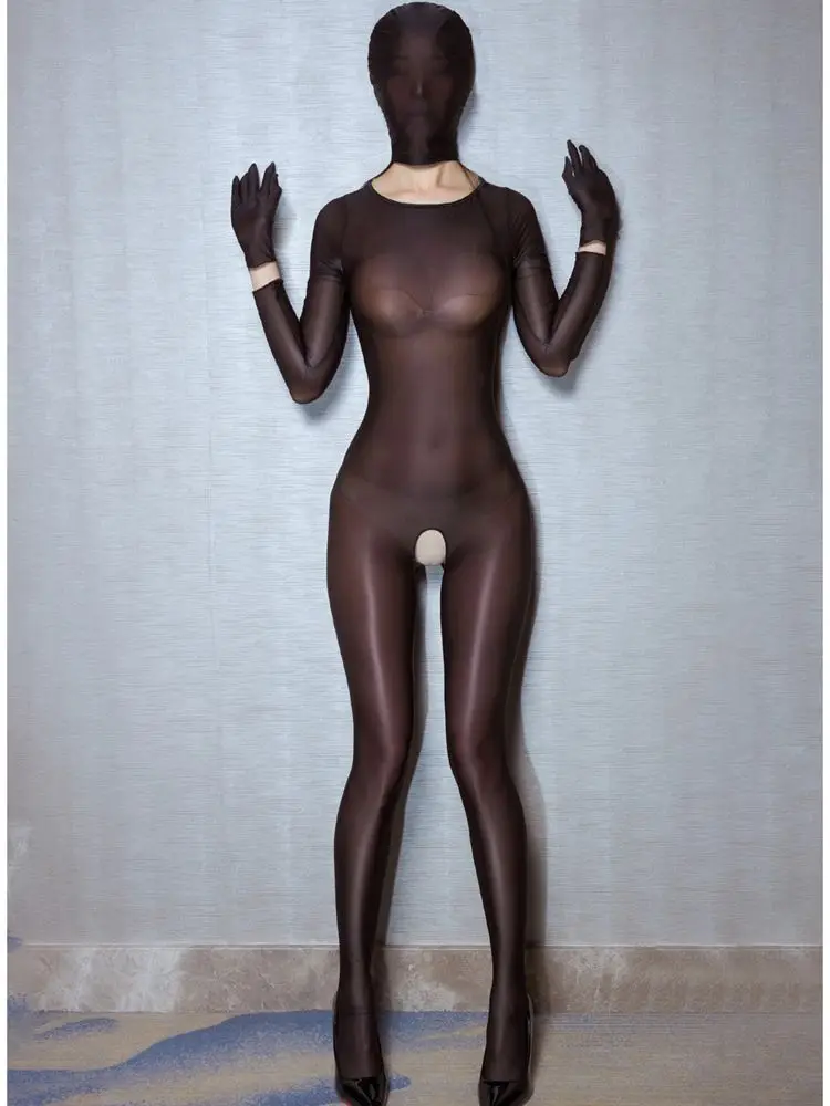 

Unisex Shiny Zentai Bodystocking Catsuit Open Crotch Bodysuit Tight Transparent Leotard Conjoined Sexy Lingerie Clubwear Unitard