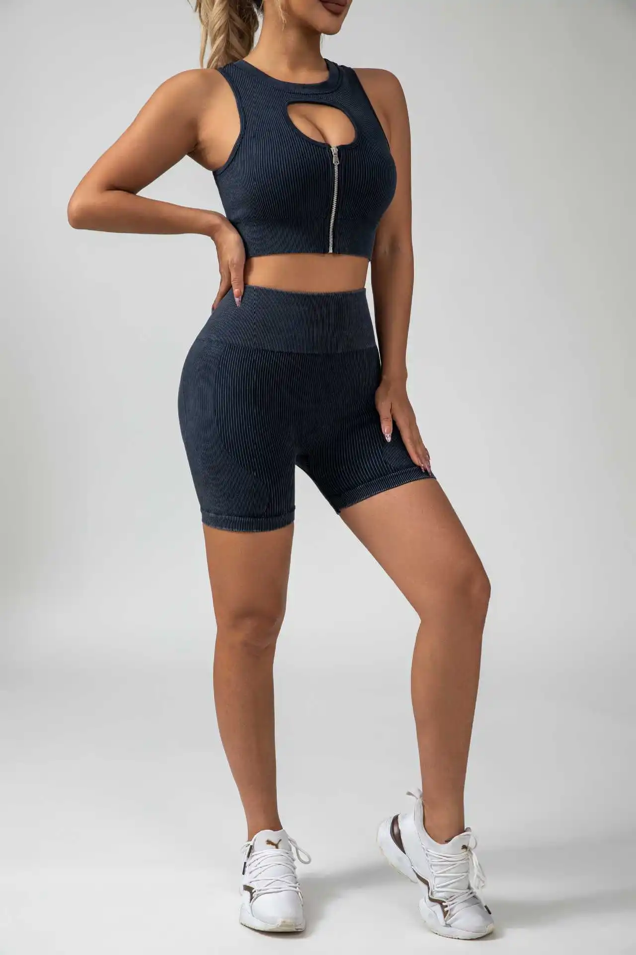 Yoga-Anzug-Shorts-Sets für Damen, Fitness, kurzärmelig, Schleifen, hohe Taille, Hüftheben, dreiteilige Hose, nahtloser Reißverschluss, Sportweste – Detail 14