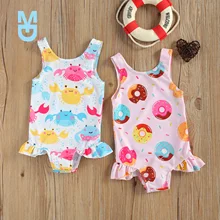 

New 0-3Years Breathable Little Girl Swimsuit Summer Children Cute Crab/Donut Printing Sleeveless Swimwear Romper 2Styles