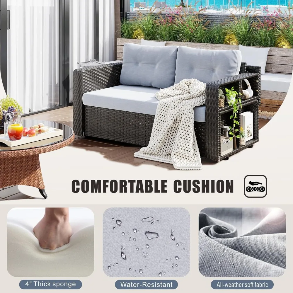 Patio Wicker Sofa with Foldable Long Table, Outdoor Rattan Couch Furniture Steel Frame with Deep Seat High Back and Grey Cushion 5