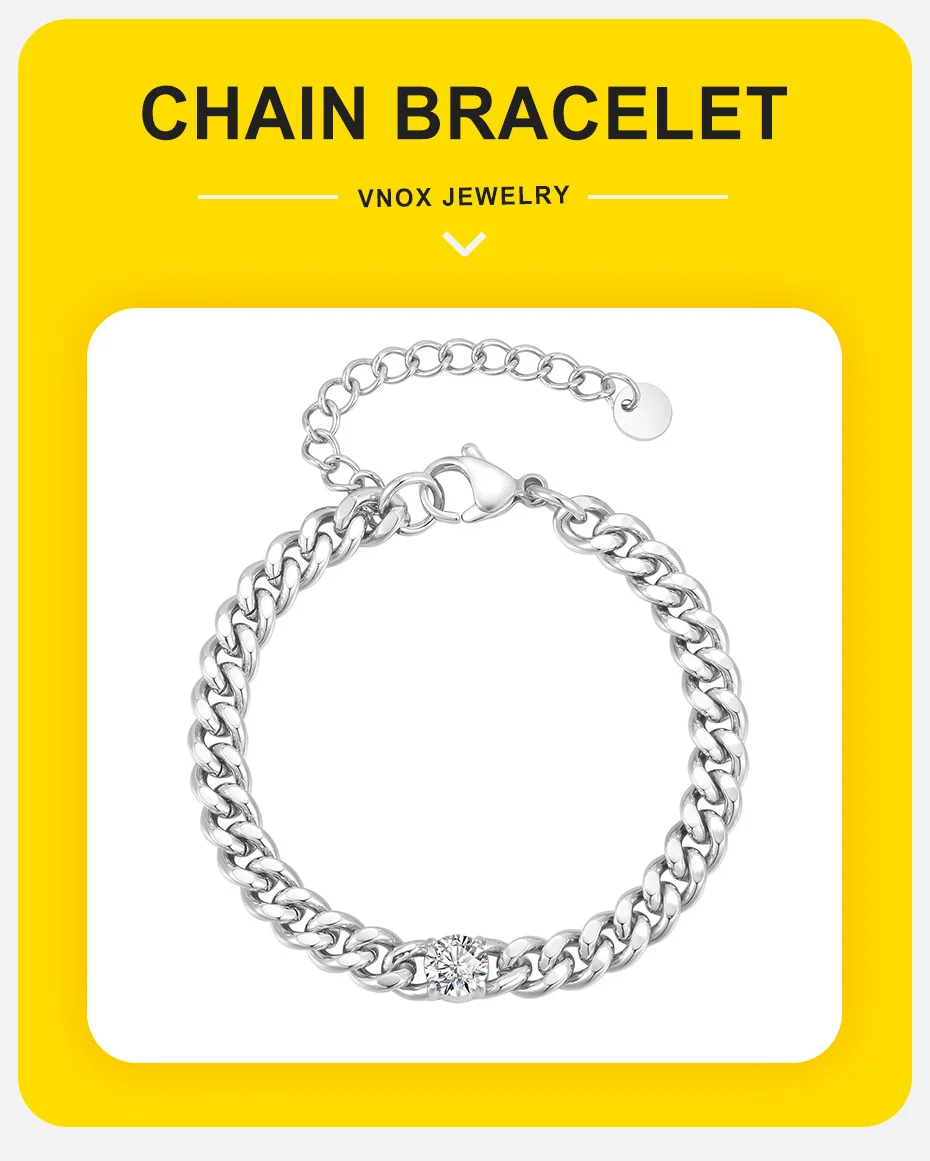 Vnox Weißes kubanisches Zirkon-Armband für Männer und Jungen, 16–21 cm, nie verblassendes Panzerketten-Gliederarmband, wasserdichter trendiger Schmuck, Geschenk, neu – Detail 1