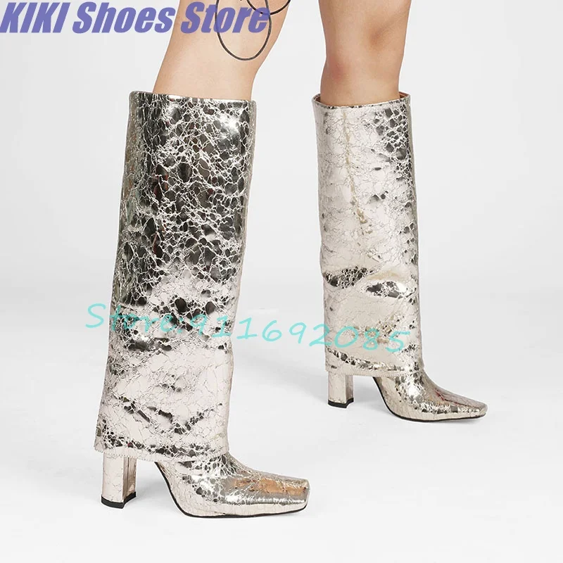 

Silver trouser boots for women thick heels spring and autumn fashion square toe, large boots sexy slim tall boots large size
