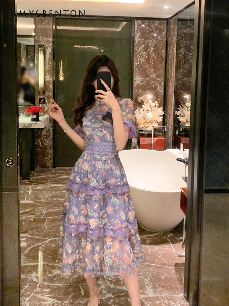 

Prairie Chic Princess Elegant Graceful Purple Floral Dress for Women High Waist Slim Dresses High-Grade French Evening Dress