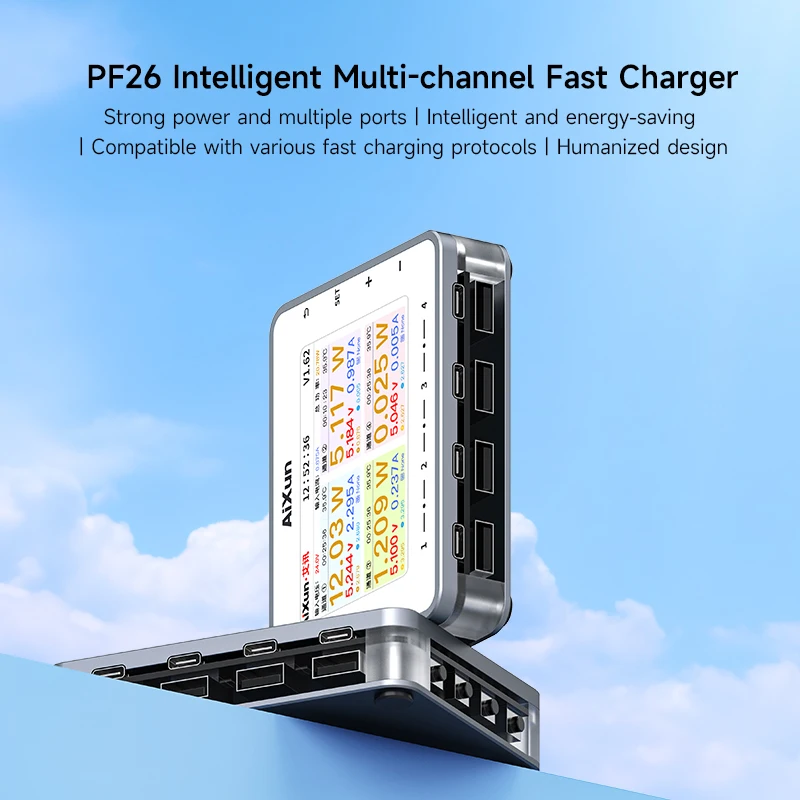AIXUN 스마트 USB 디지털 디스플레이 라이트닝 QC 3.0, 고속 충전 도구 키트 세트, 아이폰, 삼성, 화웨이, 샤오 태블릿용, PF26, 260W
