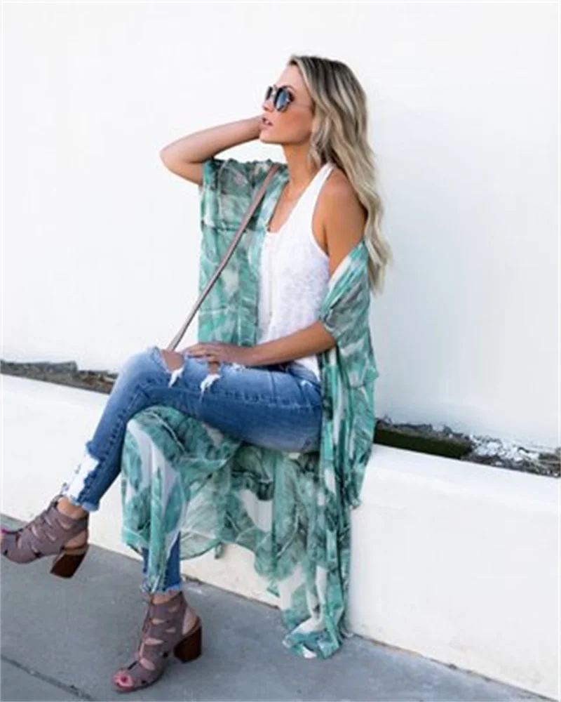 Women's Bohemian Style Leaf Print Bikini Cover-up Summer Casual Vacation Sun Protection Chiffon Loose Cardigan Beachwear Female