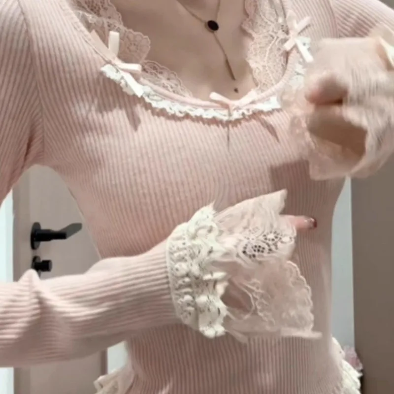 Lace T Shirt For Women Plaid Y2k Long Sleeve Tees Bow Solid Top Slim Spring Tshirt Female Korean Fashion Knitted Clothes 2025 2