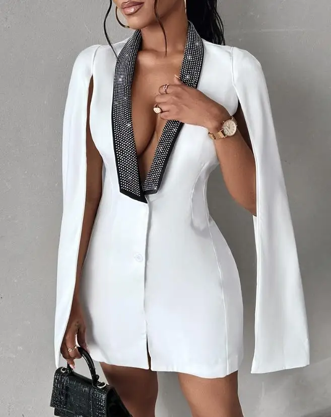 Women Blazers 2023 New Fashion Outerwear Colorblock Cape Design Long Sleeve V-Neck Rhinestone Elegant Work Blazer Coat Jacket