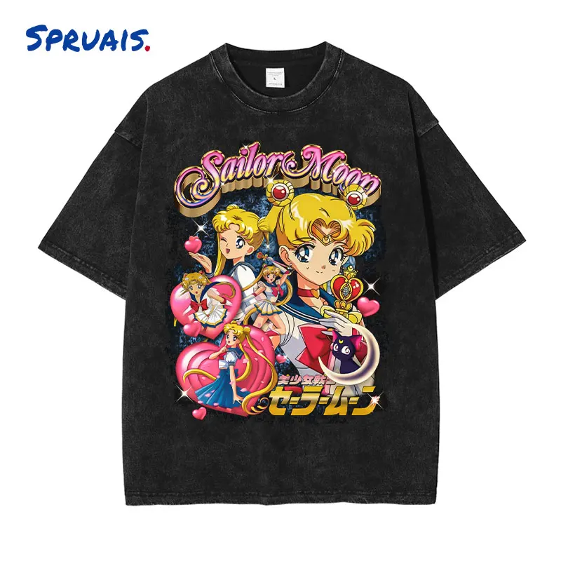 

Anime Sailor Moon T-shirts Vintage Washed Tsukino Usagi Girl Graphic T-shirts Oversized Streetwear Manga Short Sleeve Tops Tees