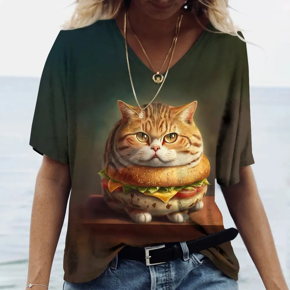 Fashion Women's T-shirt Cat Printed Short Sleeve Female Harajuku Tees Ladies T Shirt Oversized V-neck Tops Animal Women Clothing 4