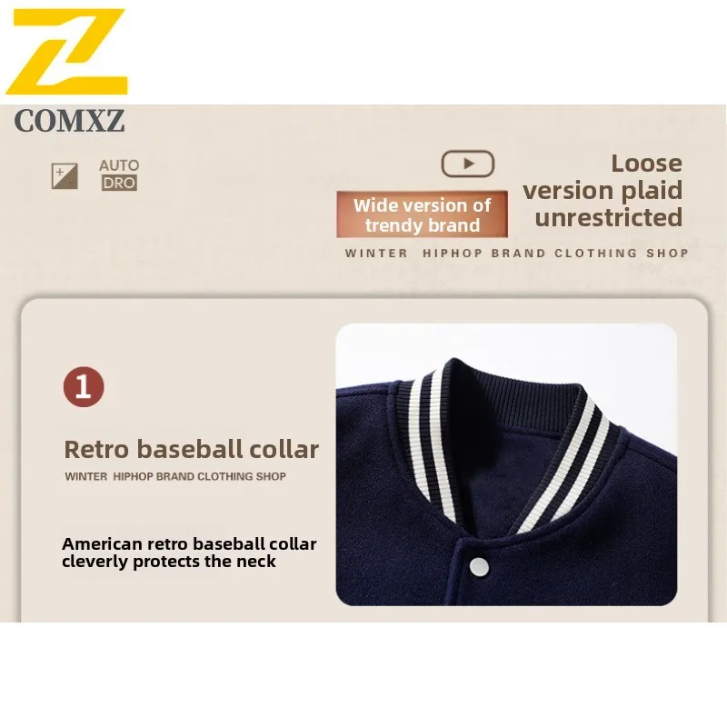 ​COMXZ Men Vintage Baseball Jacket Fall American Style Retro Windproof Waterproof Bomber Coat  Embroidery Streetwear Oversized