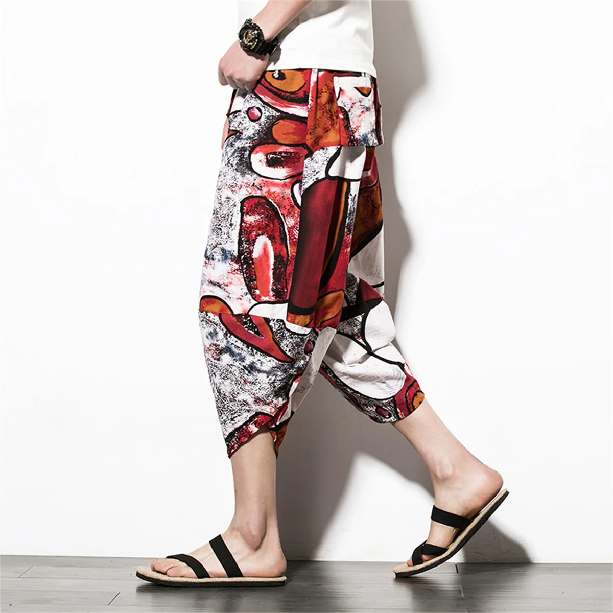 Harajuku Summer Loose Calf Length Casual Pants Men Wide Leg Cotton Linen Printing Baggy Pants Oversize Men's Trousers 4