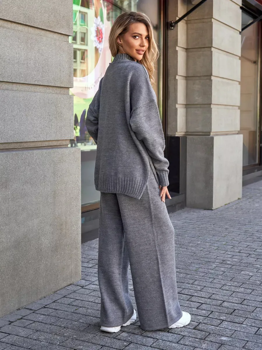 Bornladies Autumn Winter Knitted Turtleneck Sweater Set Women Loose Long Sleeve Pants 2-Piece Outfit Casual Thick Warm Knit Suit