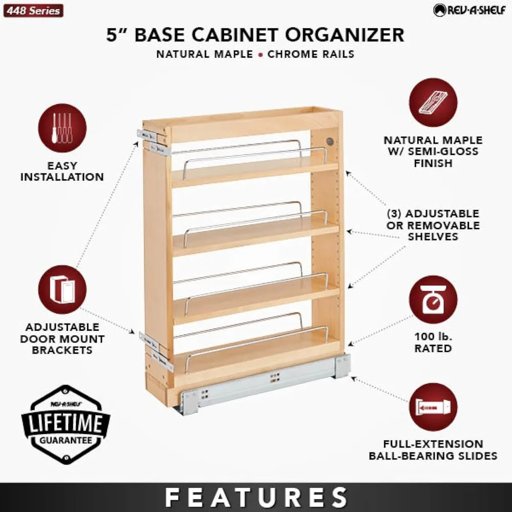 Pullout Base Cabinet Organizer, Adjustable Shelves for Full Height Kitchen or Vanity Cabinets, Maple Wood, 448-BC19-5C 4