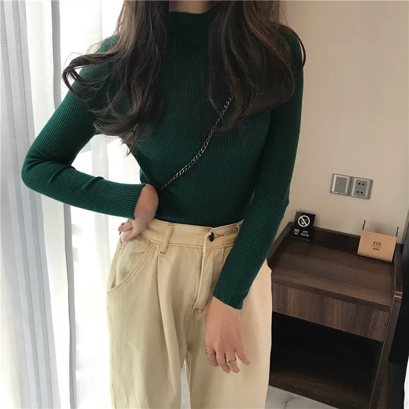 short sleeve cardigan Autumn Winter New Long Sleeve Pullover Sweater Solid Color Korean Version Half High Collar Slim Fit Knitted Bottomed Shirt Top blue sweater Sweaters