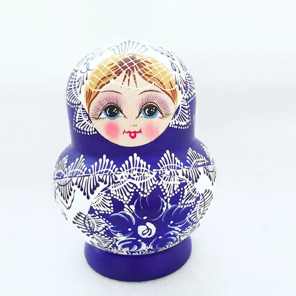 10Pcs/Set Ornament Wood Russian Nesting Dolls Blue Floral Print 10 Layer Matryoshka Wooden Toys Handmade Cartoon Stacking Dolls