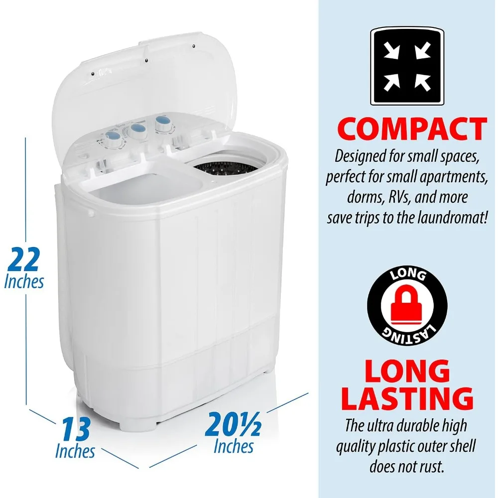 Compact Washing Machine with Twin Tub for Wash and Spin Dry, Portable, Built-in Gravity Drainage System, Agitation Wash Cycles
