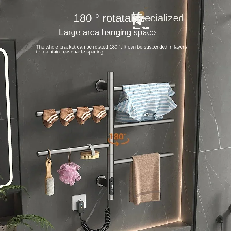 Electric Heated Towel Rail for Bathroom 304 Stainless Steel Electric Rack Timing Towel Radiator with 180 Rotation