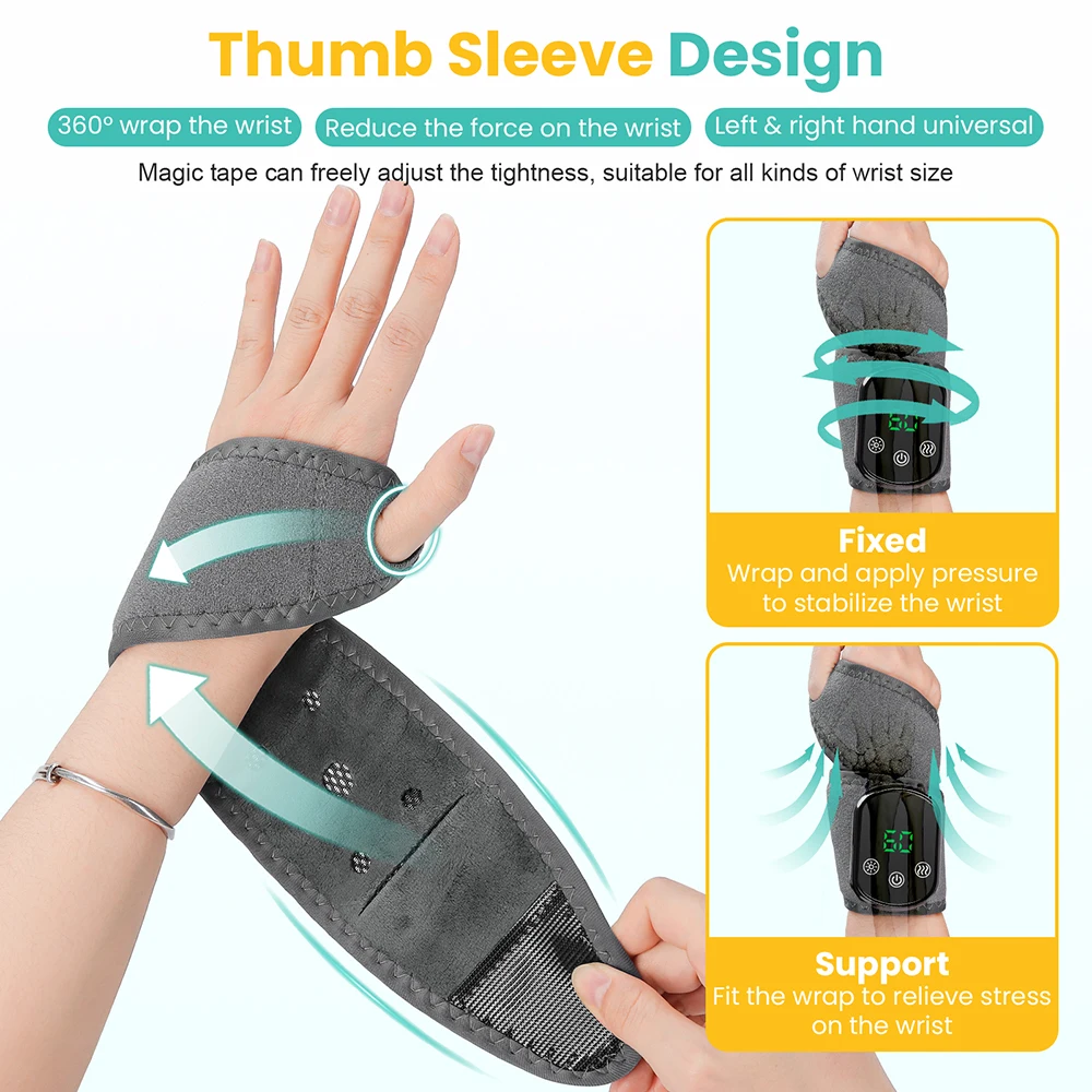 Electric Hand Massager 3 Modes Vibration Wrist Massager Wireless Heating Wrist Massage Brace Wrap Relaxation Kneading Massage