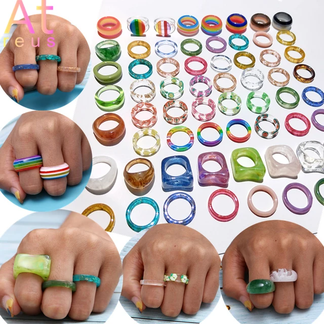 Resin Finger Rings Rainbow Acrylic Multi Color Glitter Ring Size 7-9 Jewelry