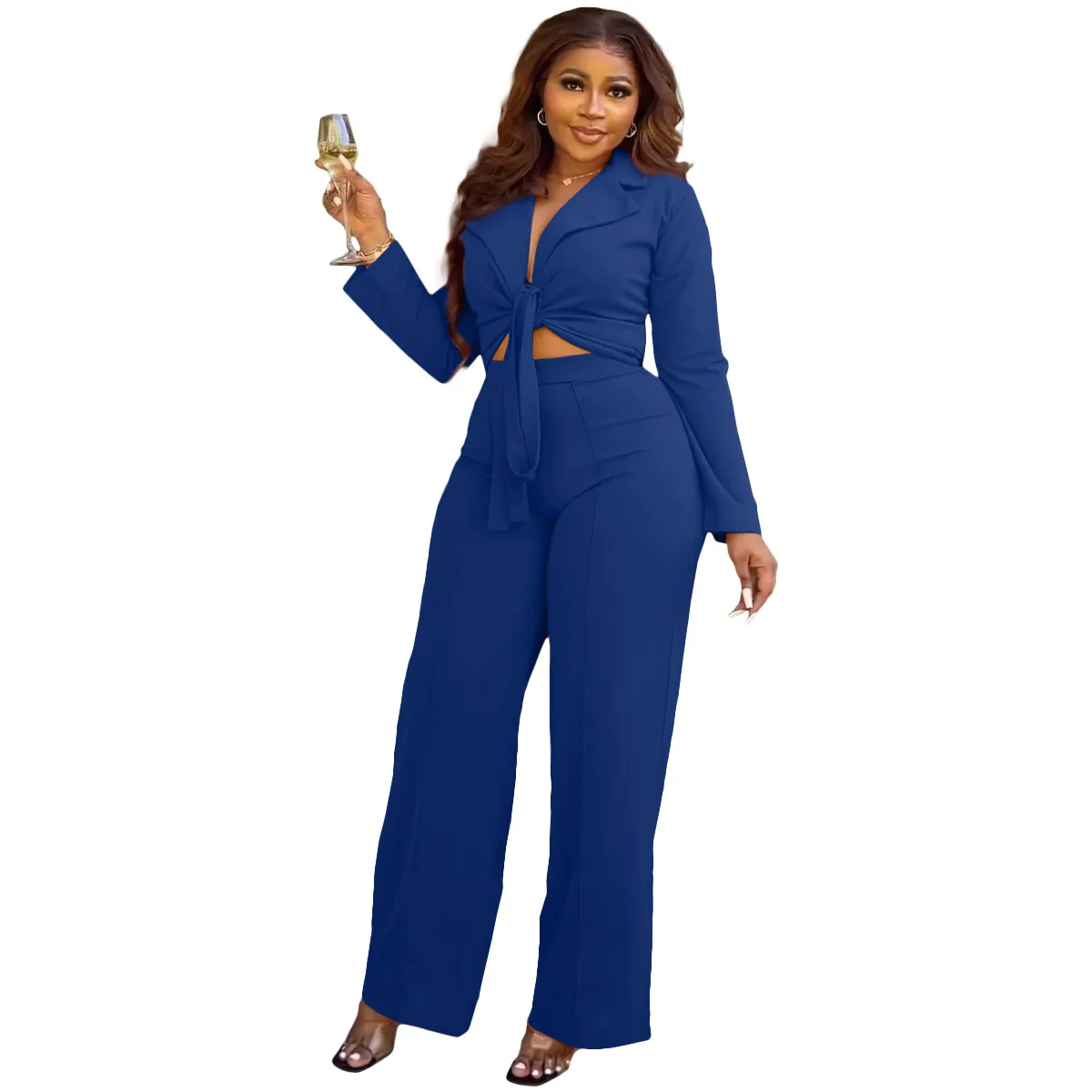 Lace Up Crop Top Long Sleeve Tops And High Waist Wide Leg Pants Solid Color Two Piece  Set Elegant Casual Suits Women
