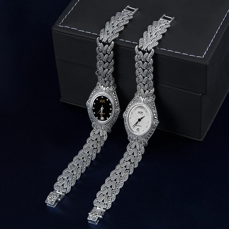 YYSUNNY Vintage S925 Sterling Silver Oval Wrist Watch for Women Elegant Ladies Bracelet High Quality Jewelry Accessories Gift