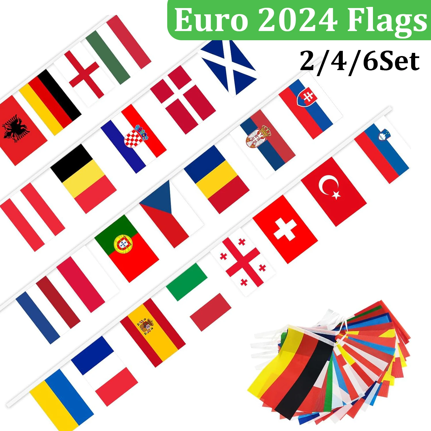 

Комплект из 2/4/6 флагов евро 2024, баннер, Европейский Кубок, 24 страны, Висячие двусторонние флаги с веревкой, футбольные яркие украшения, футбольное мероприятие