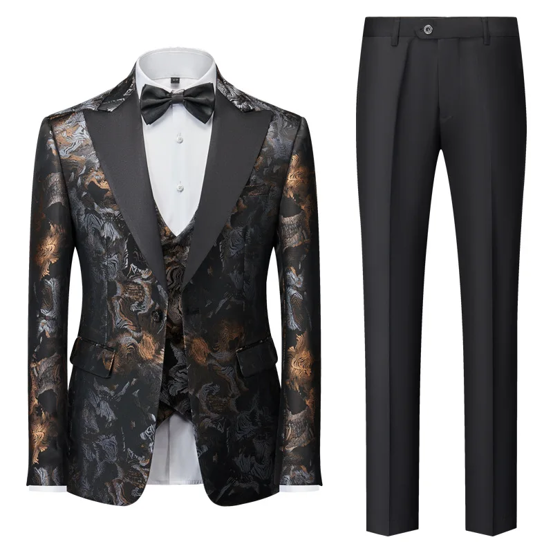 Luxury Jacquard Men Suit Red Gentlemen Clothing Wedding Party Groom Dress Business Banquet Male 3 Piece Set (Blazer+Pants+Vest)