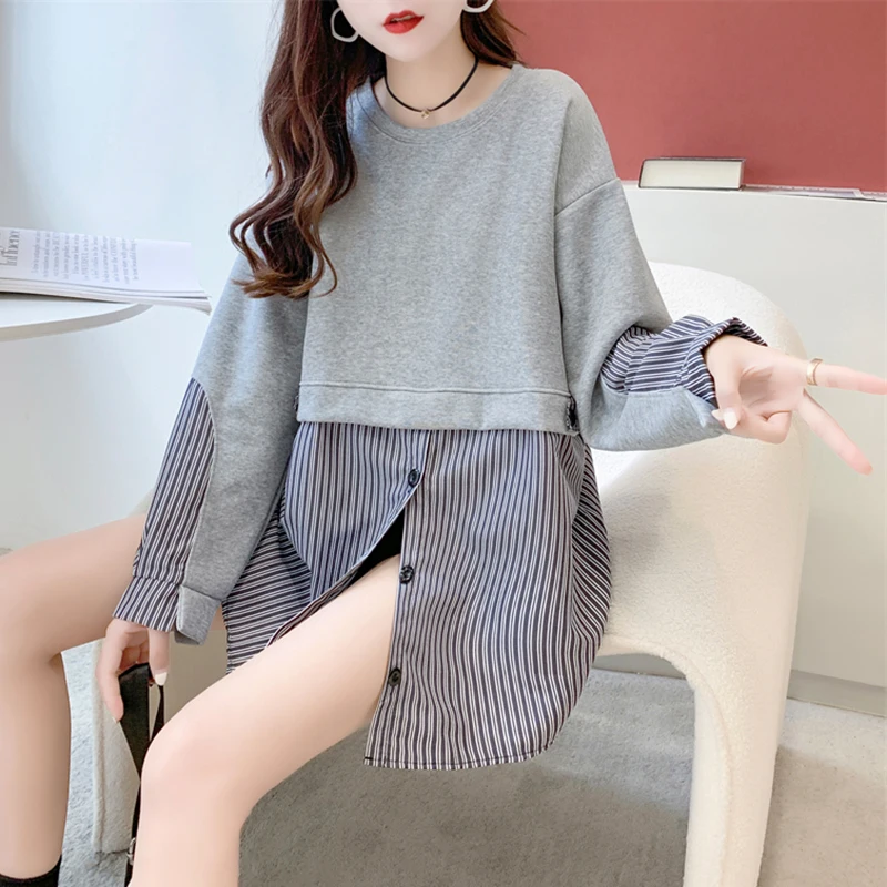 Patchwork Sweatshirts Lace-Up Grey Tops Pink Pullovers Buttons Long Sleeve Poncho Fall Winter Loose Casual Oversized Pullover
