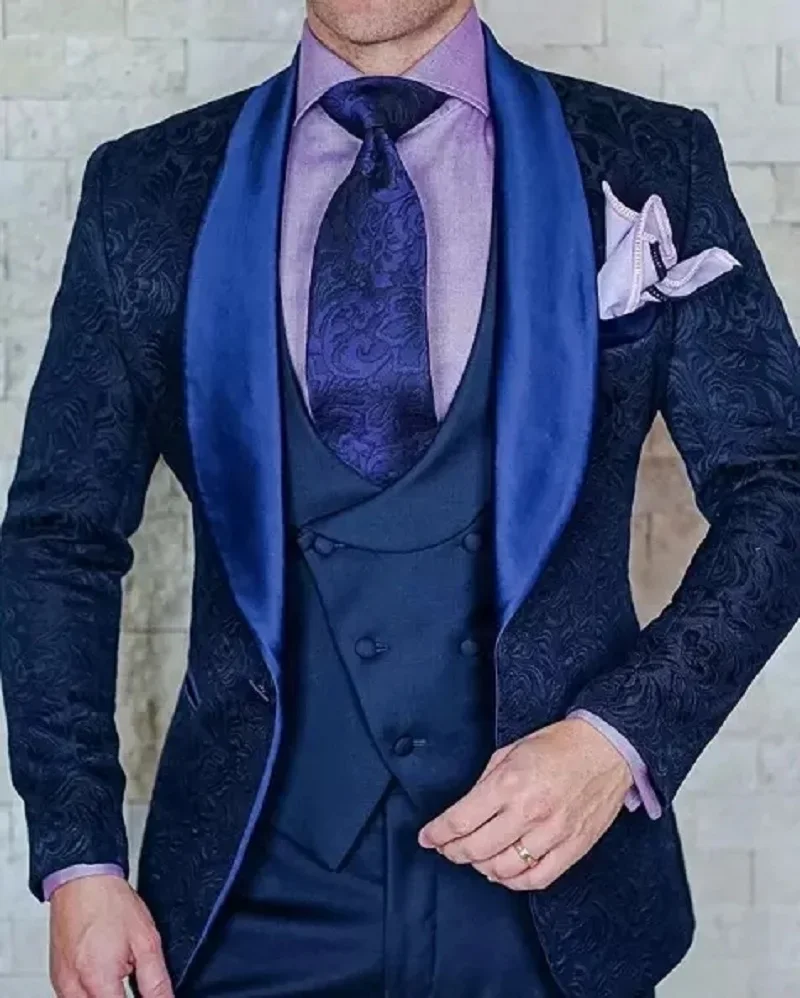Burgundy Wedding Men Suits Slim Fit Tuxedo 3 Pieces Suit Groom Prom Jacquard Blazer Terno Masculino Suit