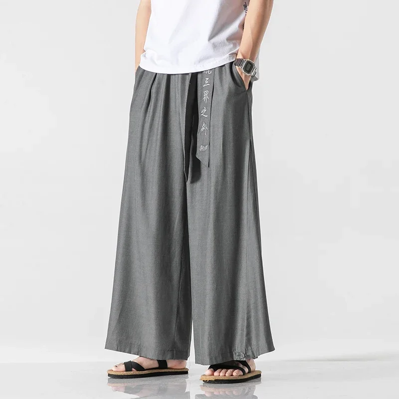 Men Wide Leg Pants Japan Samurai Thai Silk Pants Summer
