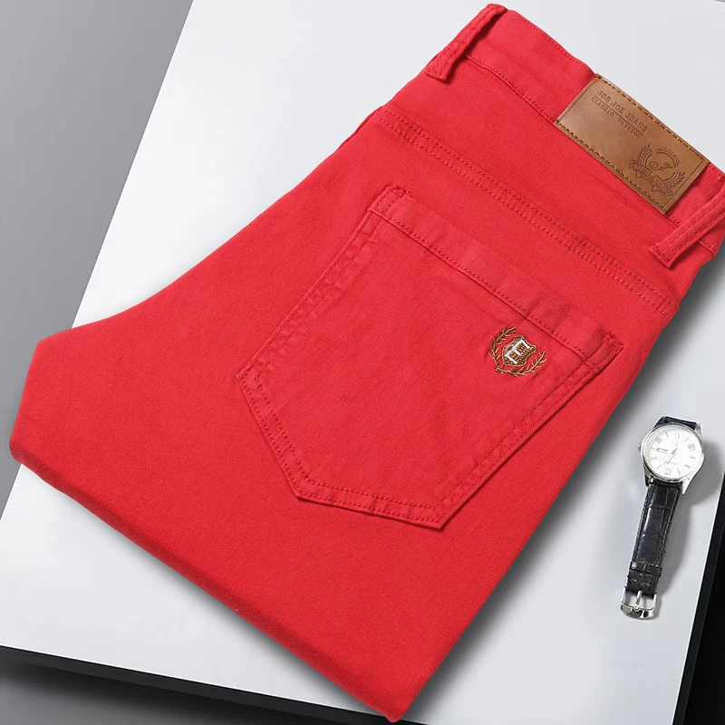 Classic Men's Regular Fit Pink Red Yellow Jeans Business Fashion Denim Advanced Stretch High Quality Cotton Trousers Male Pants 3