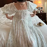 Women Summer 100% Cotton Thin Style Nightdress French Square Collar Full Sleeves Nightgowns Princess Sweet Printing Long Nightie - Image 2