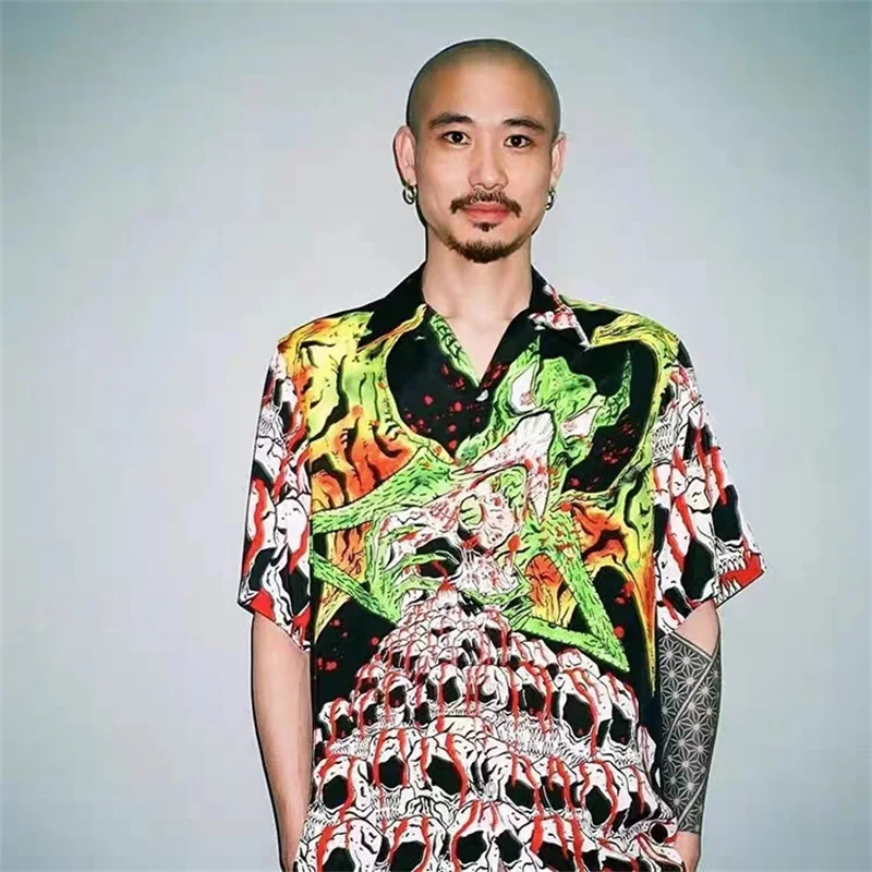 

2023ss Wacko Maria Long Leisure Short Sleeve Shirt Ghost Graffiti Style Limited Edition Print Men Women Hawaii Shirt