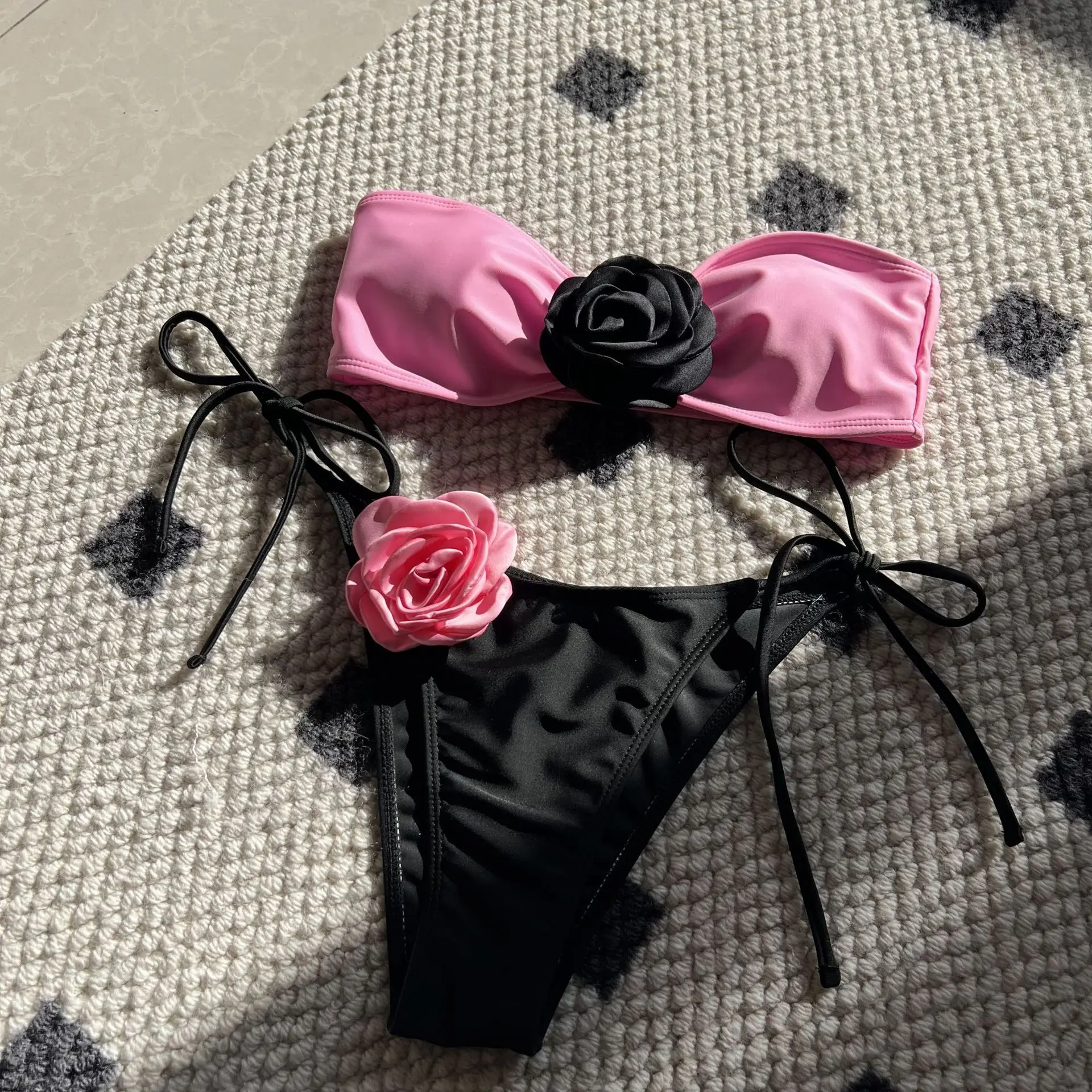 Colorblock Rose Bikini Women's Lace-up Drawstring Strap Split Swimsuit