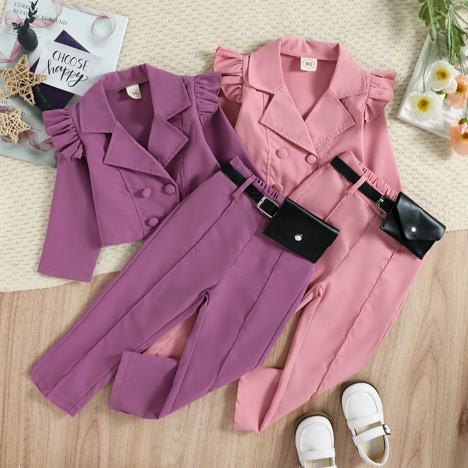 

1-6T Kid Infant Baby Girl Spring Clothes 3 Pcs Set Solid Long Sleeve Lapel Button-Up Suit Coat + Trousers With Belt Bag Clothing
