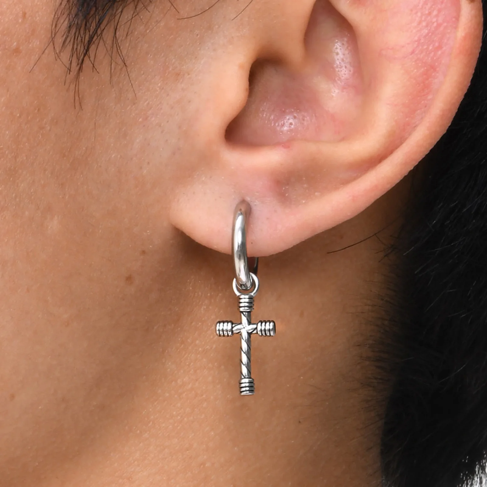 Waterproof Cross Earrings for Men Boys,Stainless Steel Dangle Hoop Earrings,Punk Hip Pop Jewelry Gift for Christmas Birthday